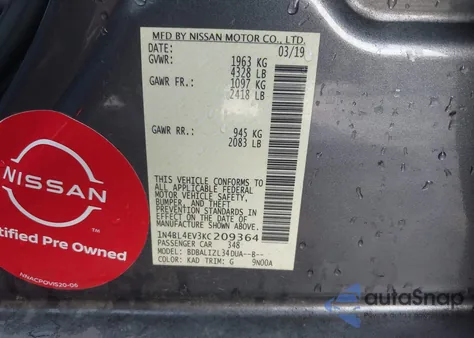 2019 Nissan Altima 2.5 Sl from USA, damaged, VIN 1N4BL4EV3KC209364